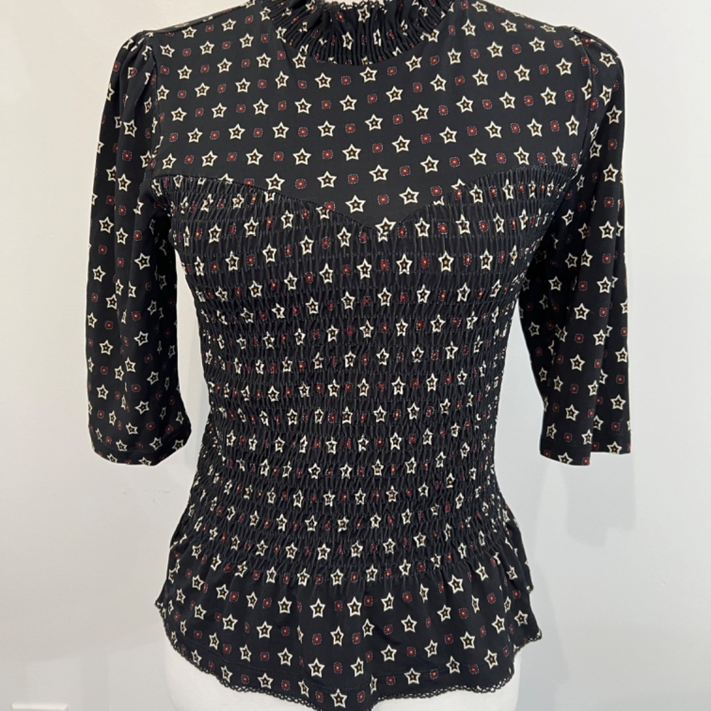 SANDRO Blue Floral Ruched Top Short Puff Sleeve Workwear Contemporary Blouse - Picture 7 of 7